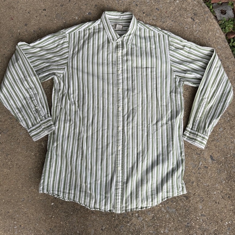 LL Bean Mens Large Tall Olive Green White Striped Cotton Button Down Shirt JGK3‎